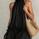 Abito Mini Senza Maniche con Collo Halter in Chiffon Nero con Volant