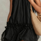 Abito Mini Senza Maniche con Collo Halter in Chiffon Nero con Volant