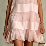 Abito Mini in Chiffon Pieghettato a Strati Rosa Chiaro con Patchwork