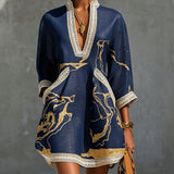 Abito Mini in Pizzo all'Uncinetto con Scollo a V Stampato Oro Navy