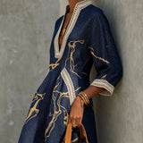 Abito Mini in Pizzo all'Uncinetto con Scollo a V Stampato Oro Navy