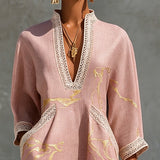Abito Mini in Pizzo all'Uncinetto con Scollatura a V in Oro Rosa