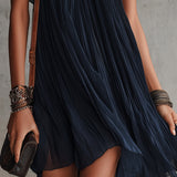 Abito Mini Plissettato in Chiffon Ricamato con Fiori Blu Navy