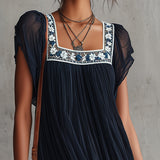 Abito Mini Plissettato in Chiffon Ricamato con Fiori Blu Navy