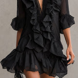 Abito Mini in Chiffon Nero con Rouches