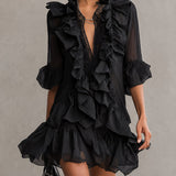 Abito Mini in Chiffon Nero con Rouches