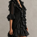 Abito Mini in Chiffon Nero con Rouches