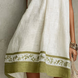 Abito Mini A-Line Senza Maniche Bianco e Verde Oliva con Fiori