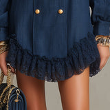 Abito Mini a Collo Alto Blu Navy con Bottoni e Rouches