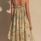 Vestito Irregolare in Chiffon Verde a Fiori con Rouches