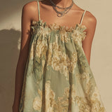 Vestito Irregolare in Chiffon Verde a Fiori con Rouches