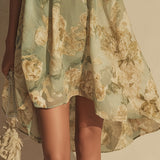 Vestito Irregolare in Chiffon Verde a Fiori con Rouches