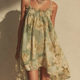 Vestito Irregolare in Chiffon Verde a Fiori con Rouches