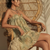 Vestito Irregolare in Chiffon Verde a Fiori con Rouches