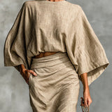 WILLOW | Set di Due Pezzi Beige con Top a Manica A Pipistrello e Gonna Lunga per un'Eleganza Senza Sforzo