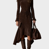 Abito midi elegante in scamosciato marrone scuro con laccio