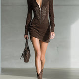 Abito Mini Ricamato in Suede Sintetico Marrone Scuro