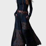 Elena - Abito lungo in scamosciato blu navy con cintura