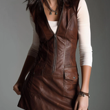 Abito Mini Zip-Up in Eco-Pelle Marrone Cioccolato