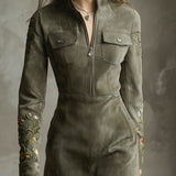 Abito Mini Mezza Zip in Suede Sintetico Ricamato Verde