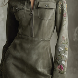 Abito Mini Mezza Zip in Suede Sintetico Ricamato Verde