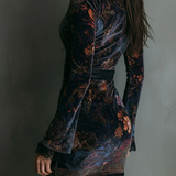 Abito Mini Slim-fit in Velluto con Stampa Floreale e Pizzo