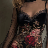 Mini Abito in Tulle con Stampa Rose di Velluto e Bordo in Pizzo