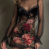 Mini Abito in Tulle con Stampa Rose di Velluto e Bordo in Pizzo
