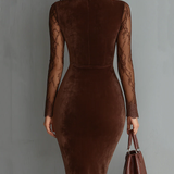 Abito Mini in Velluto con Maniche in Pizzo e Collo a Chiave Vintage Marrone