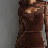 Abito Mini in Velluto con Maniche in Pizzo e Collo a Chiave Vintage Marrone