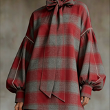 Abito Mini a Maniche Lantern in Plaid Rosso e Grigio