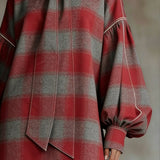 Abito Mini a Maniche Lantern in Plaid Rosso e Grigio