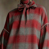 Abito Mini a Maniche Lantern in Plaid Rosso e Grigio