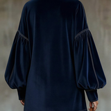 Abito Mini in Velluto Blu Scuro con Maniche a Lanterna