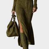 Abito lungo verde vintage con zip e cintura