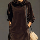 Felpa con cappuccio in velluto marrone vintage, abito mini loose