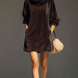 Felpa con cappuccio in velluto marrone vintage, abito mini loose
