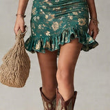 Abito Mini Stampato Verde Bohemien con Volant
