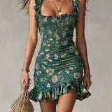 Abito Mini Ruffled Stampato Verde Bohemien