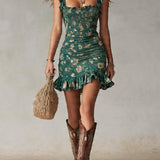 Abito Mini Ruffled Stampato Verde Bohemien