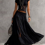Set Top in Pizzo Nero Trasparente e Gonna Maxi Plissettata