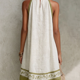 Abito Mini A-Line Senza Maniche Bianco e Verde Oliva con Fiori